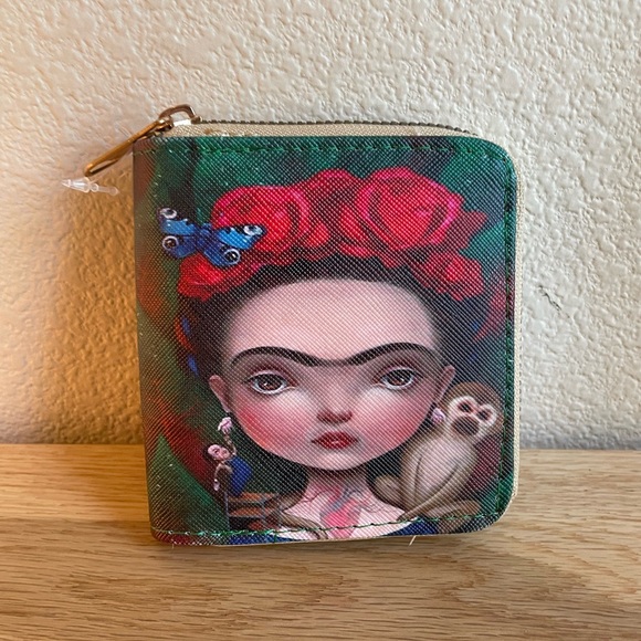 Handbags - Frida Kahlo Colorful Portrait with Monkey zippered mini coin & card wallet.